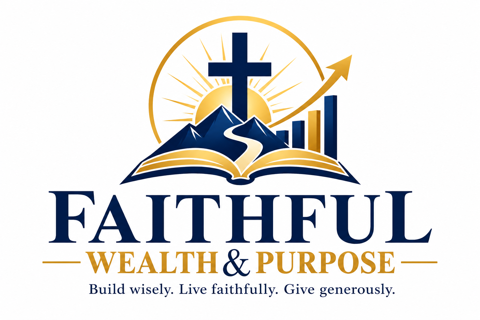 Faithful Wealth & Purpose logo featuring a Christian cross, rising sun, mountains, open book, growth chart and upward arrow symbolizing faith, financial wisdom, growth and purposeful living.